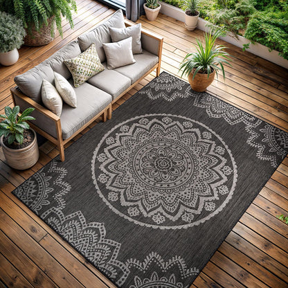 CAMILSON Outdoor Rug 8x10 Modern Area Rugs for Indoor and Outdoor Patios and Porches - Waterproof, Non-Shedding, Easy-to-Clean Outside Carpet (8 x 10, Medallion - Dark Grey/Light Grey)
