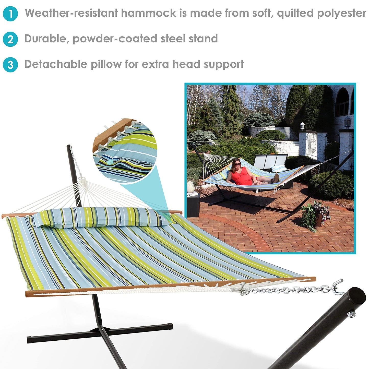 Sunnydaze Quilted Double Hammock with Stand for Outside - 400-Pound Capacity 2-Person Hammock with Stand - 15-Foot Stand - Blue and Green