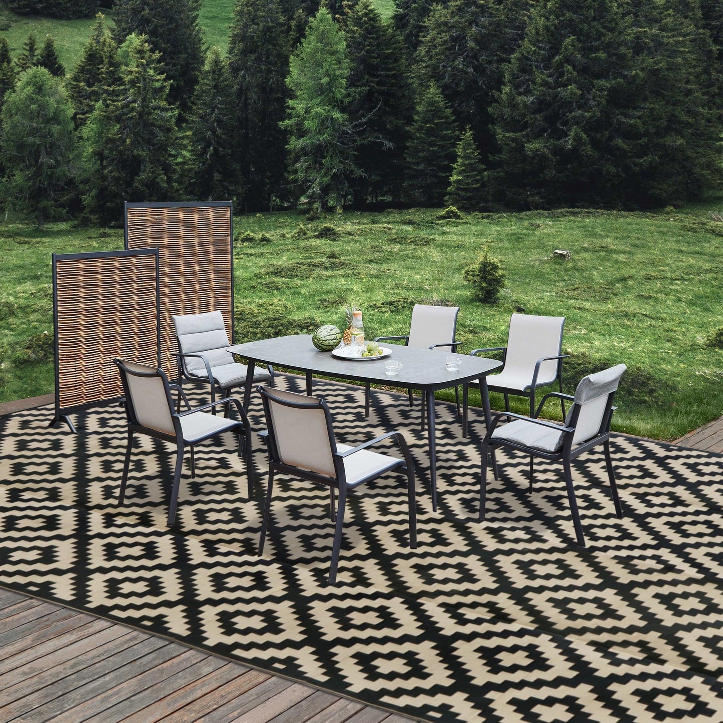 SAND MINE Waterproof Outdoor Rug 10x20 ft, Plastic Reversible Rug, Modern Area Rug, Large Floor Mat for Outdoors, RV, Patio, Backyard, Deck, Picnic, Beach, Camping, Black & Beige