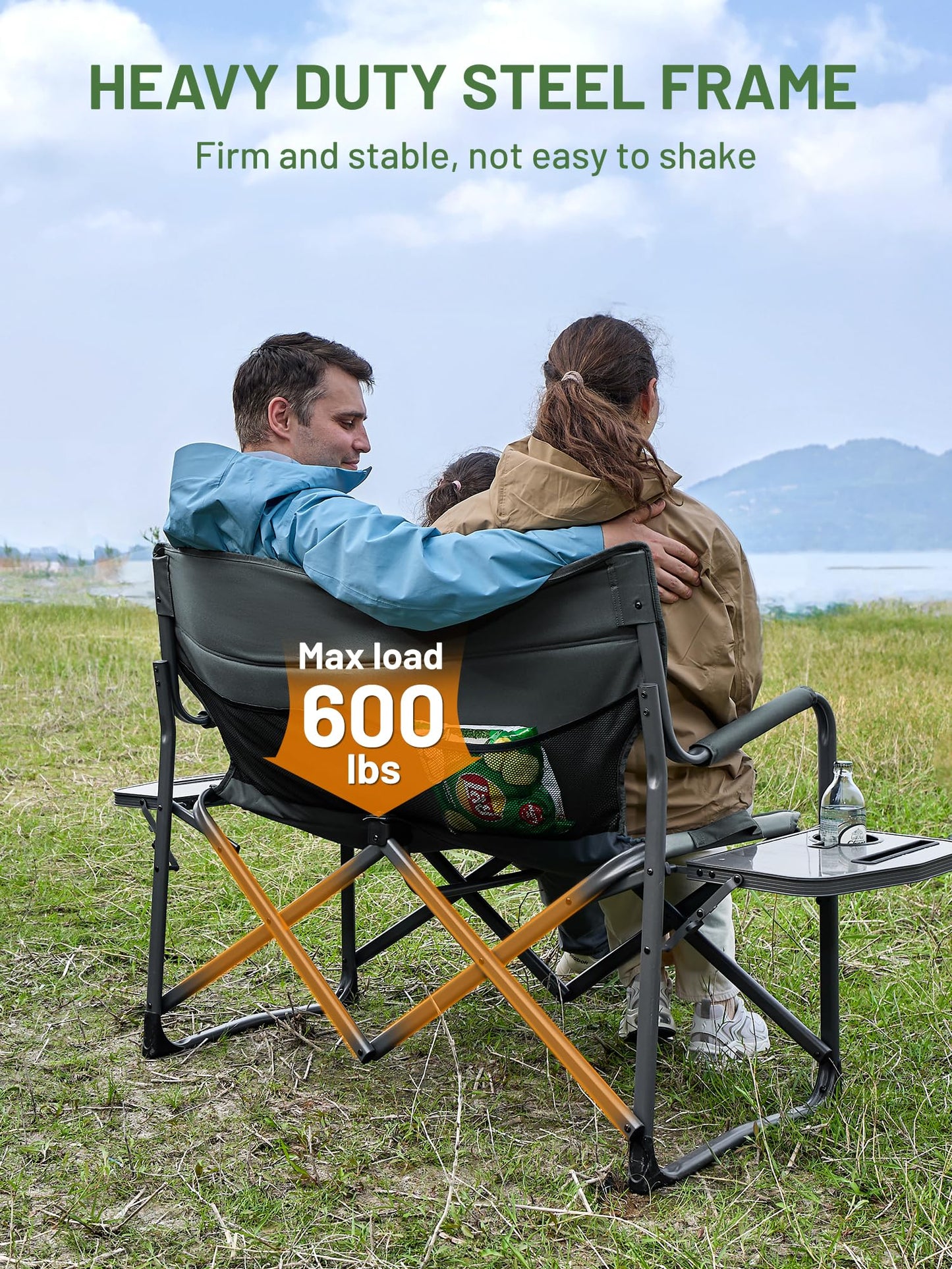 Timber Ridge Double Camping Chair Portable Loveseat, Heavy Duty Folding Camp Couch 2 Person Director Chairs with Cup Holder for Outdoor Lawn Tailgates Picnic Sports Soccer Games Supports 600 lbs Grey