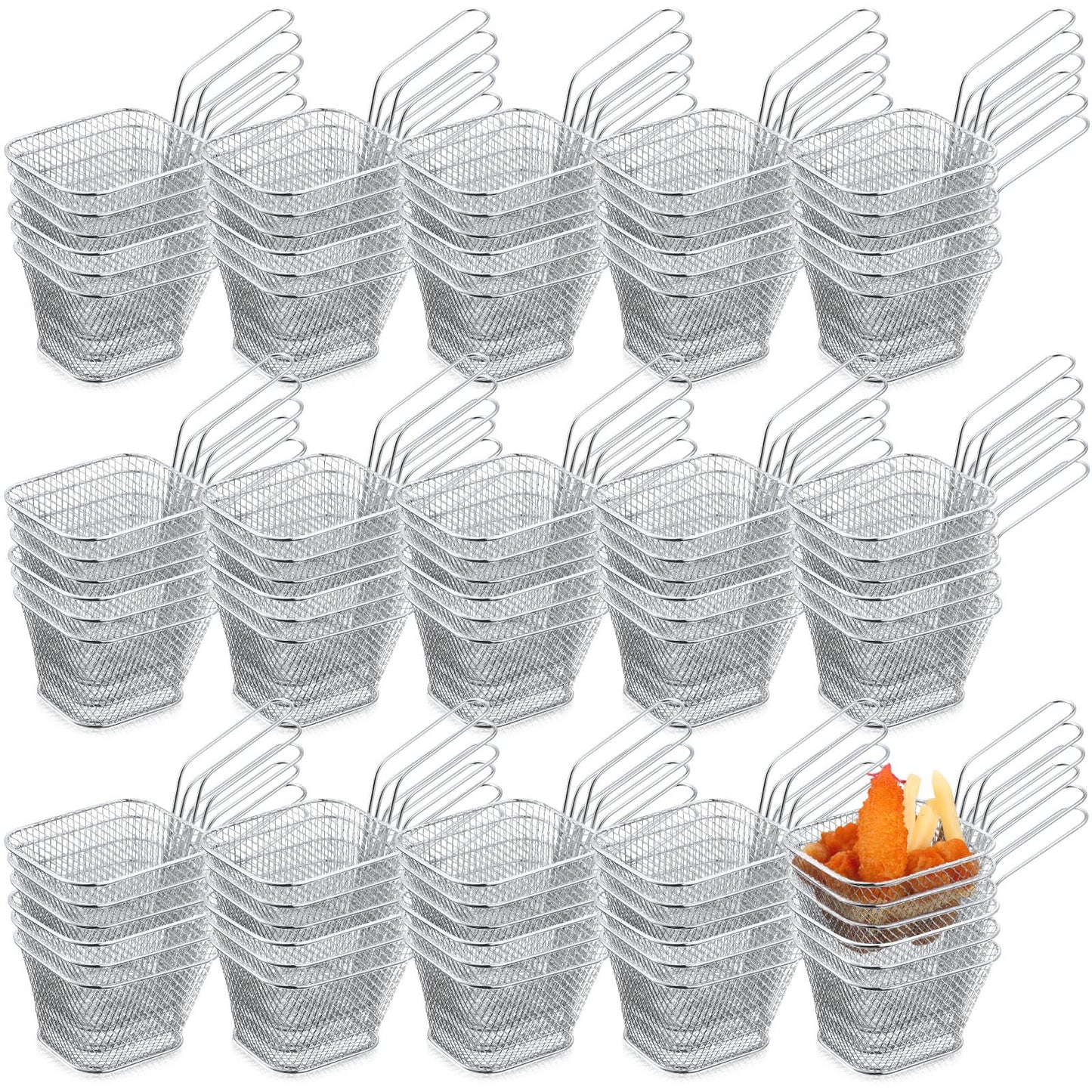 Potchen 96 Pcs Mini Square Fry Basket Stainless Steel French Fries Holder Deep Fryer Baskets Square Mesh Food Holder with Handle Table Serving Chips Baskets for Kitchen Restaurant Barbecue (Sliver)