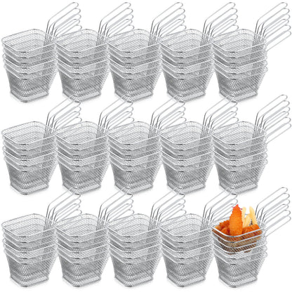 Potchen 96 Pcs Mini Square Fry Basket Stainless Steel French Fries Holder Deep Fryer Baskets Square Mesh Food Holder with Handle Table Serving Chips Baskets for Kitchen Restaurant Barbecue (Sliver)