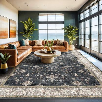 Boho Black Rug - Washable 10x14 Area Rug for Living Room & Dining Room | Soft Low Pile, Non-Slip & Stain Resistant