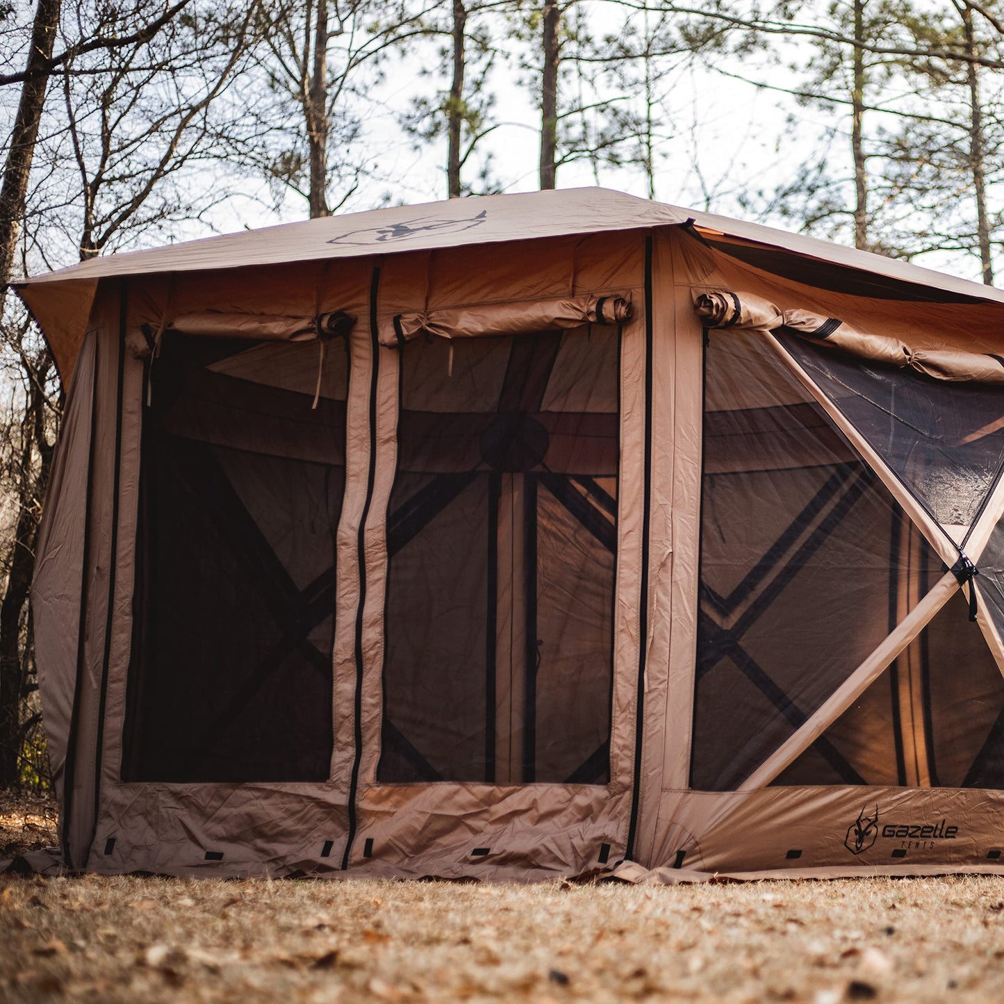 Gazelle Tents™ G6 Cool Top 6-Sided Portable Gazebo, Easy Pop-Up Hub Screen Tent, Waterproof, UV Resistant, 8-Person & Table, Badlands Brown, 91” x 139” x 123”, GG620BR