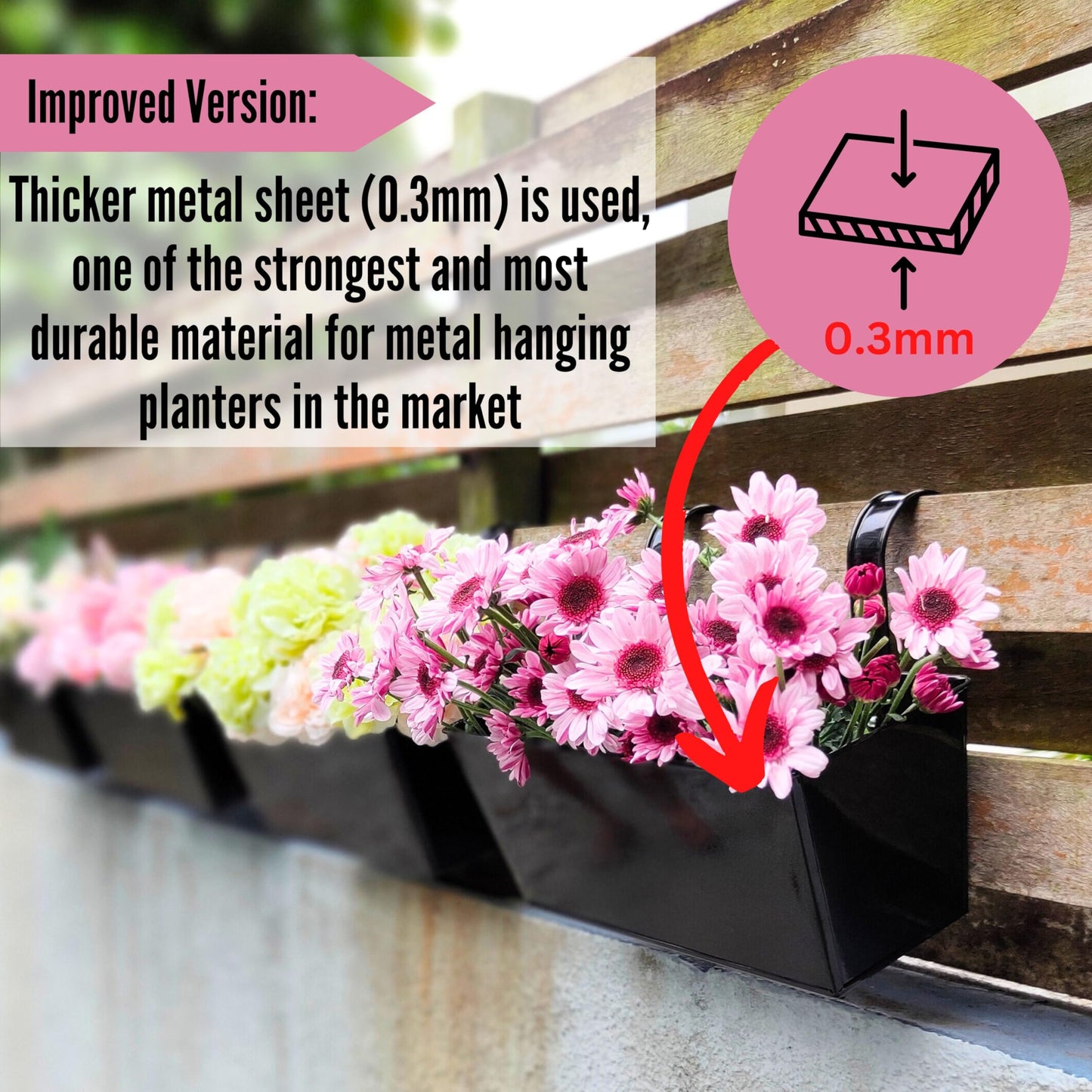 LaLaGreen Railing Planter (4 Pack, 14 Inch) Black Metal Rectangle Hanging Flower Pots Balcony Bucket Deck Rail Fence Trendy Long Strawberry Succulent Plant Holder Farmhouse Countryside Style Outside