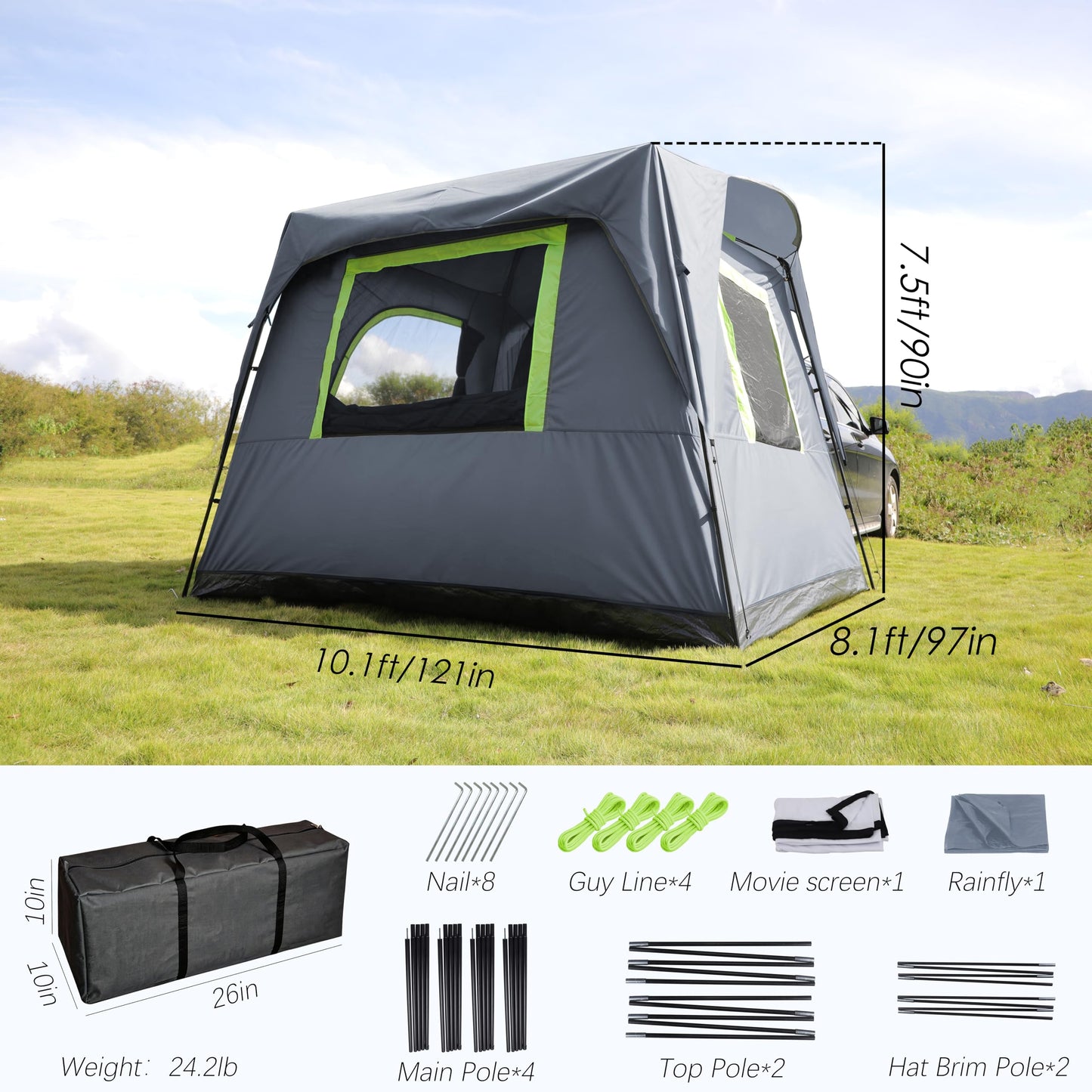 HREFUEU SUV Tailgate Tent for Camping with Rainfly, 5-8 Person Outdoor car Tent, 10'x8'x7.5'(H), Waterproof 3000MM UPF 50+, Portable Storage Bag, Any Size SUV/MPV/CUV/Jeep