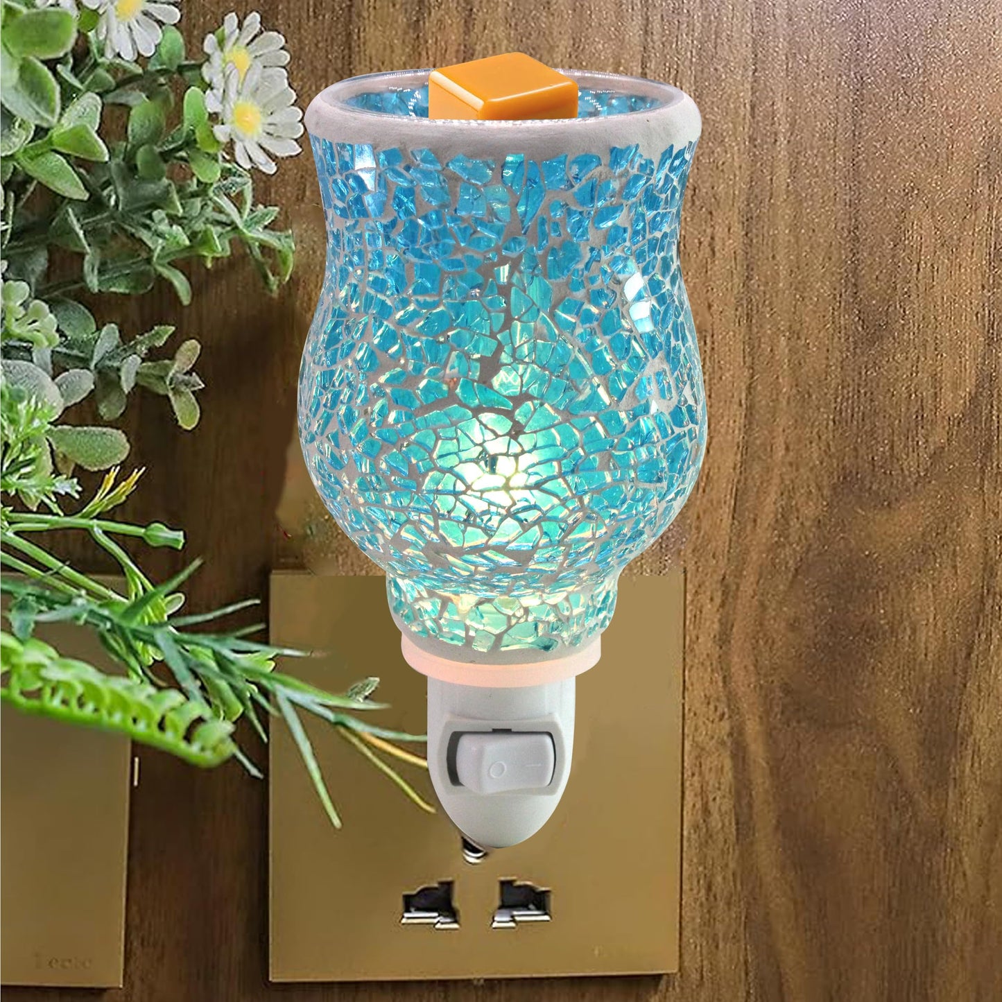 CVHOMEDECO. Mosaic Wall Plug-in Electric Wax Melt Warmer Decorative Mosaic Fragrance Warmer for Scented Candle, Wax Melts, Tarts and Fragrance Oils, Night Light Decor., Sky Blue