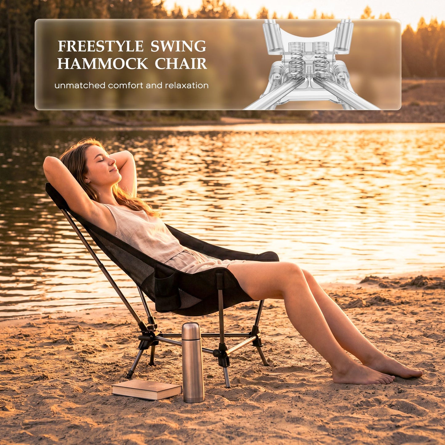 ARURU Hammock Camping Chair, Lightweight Folding Beach Lounge Chair with Adjustable Height Legs, Mesh Portable Swing Camp Chair with Cushioned Head Pillow & Armrests for Camping Beach Hiking