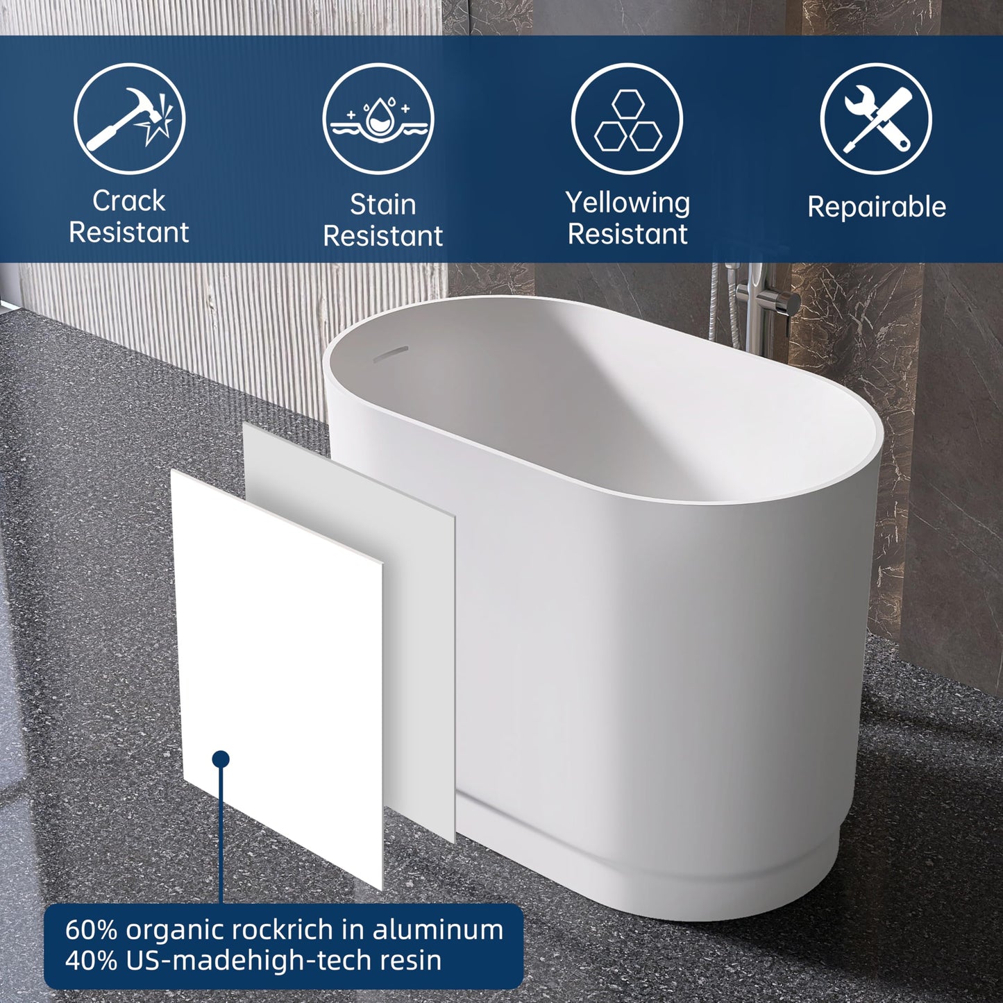 MEDUNJESS 39" Stone Resin Janpanese Soaking Tub, Freestanding Deep Soaking Bathtub with Seat Desgin,Toe-tap Chrome Right Drain, Slotted Overflow, cUPC Certified, in Matte White