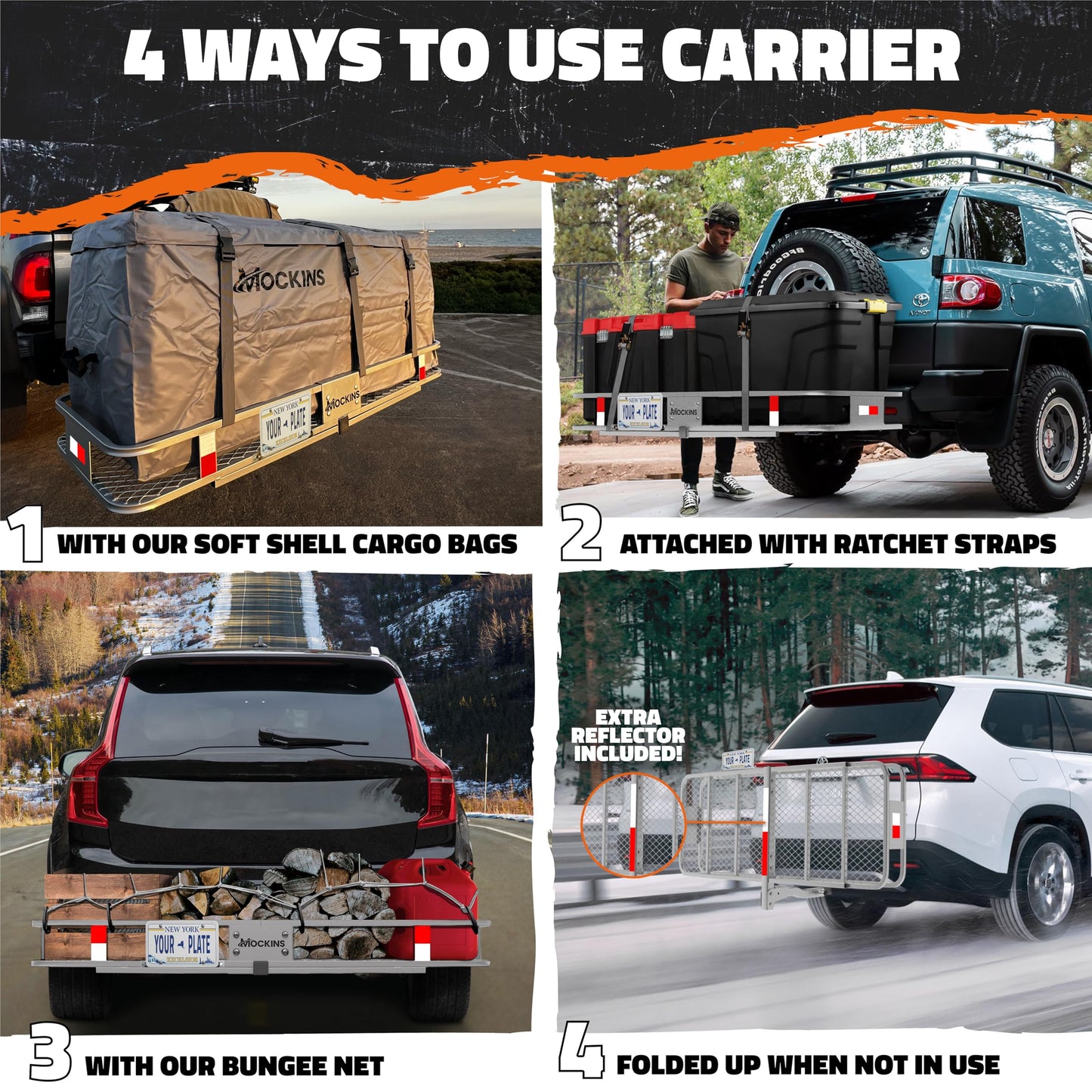 Mockins 60"x20"x6" Gray Heavy Duty Trailer Hitch Cargo Carrier & 16 CuFt Waterproof Cargo Bag for Hitch Carrier | 500 Lbs. Capacity Folding Luggage Rack for SUV Car Truck Van & RV w/Cargo Accessories