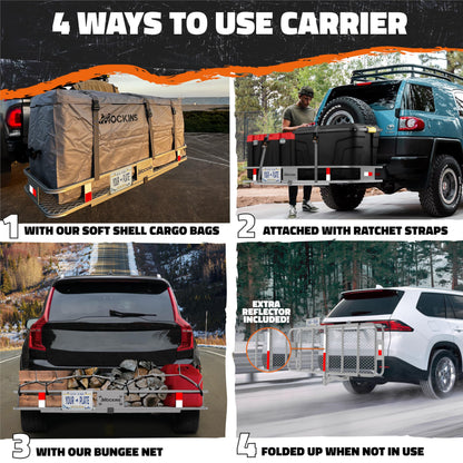 Mockins 60"x20"x6" Gray Heavy Duty Trailer Hitch Cargo Carrier & 16 CuFt Waterproof Cargo Bag for Hitch Carrier | 500 Lbs. Capacity Folding Luggage Rack for SUV Car Truck Van & RV w/Cargo Accessories