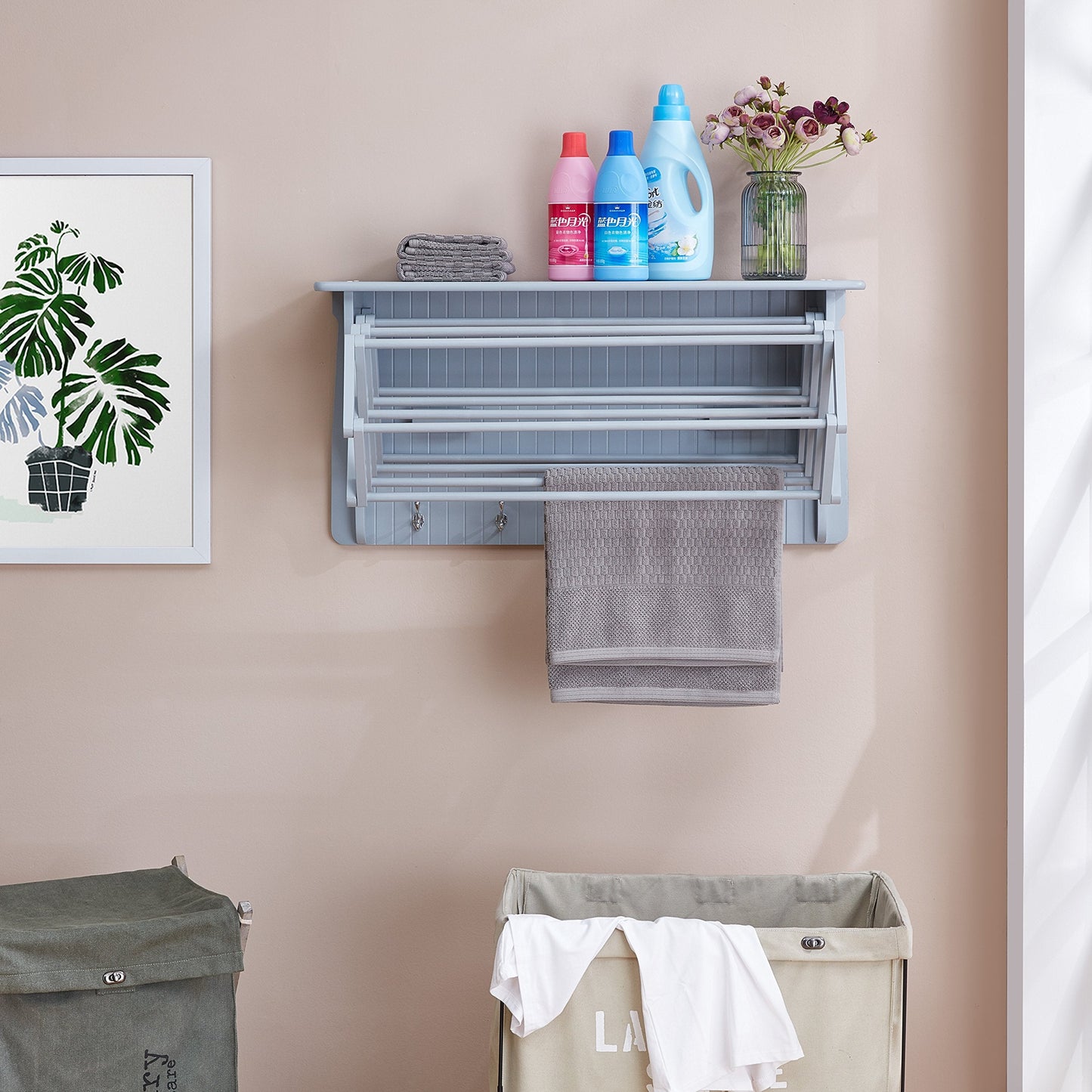 Danya B. Wall Mount Retractable Accordion Drying Rack–Great for Bathroom or Laundry Room –Light Gray