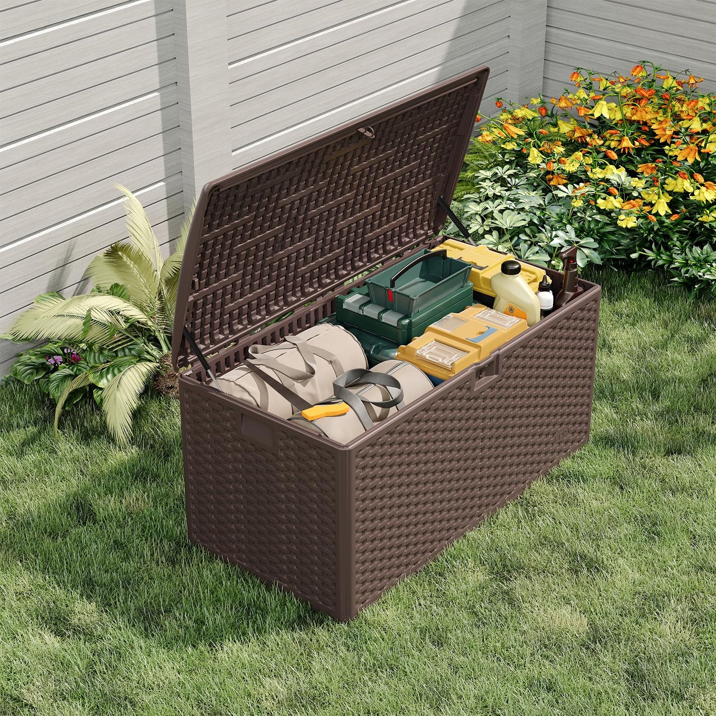 120 Gallon Waterproof Large Resin Deck Box Indoor Outdoor, Lockable Storage Container for Patio Furniture Cushions, Throw Pillows, Garden Tools, and Pool Floats, Brown