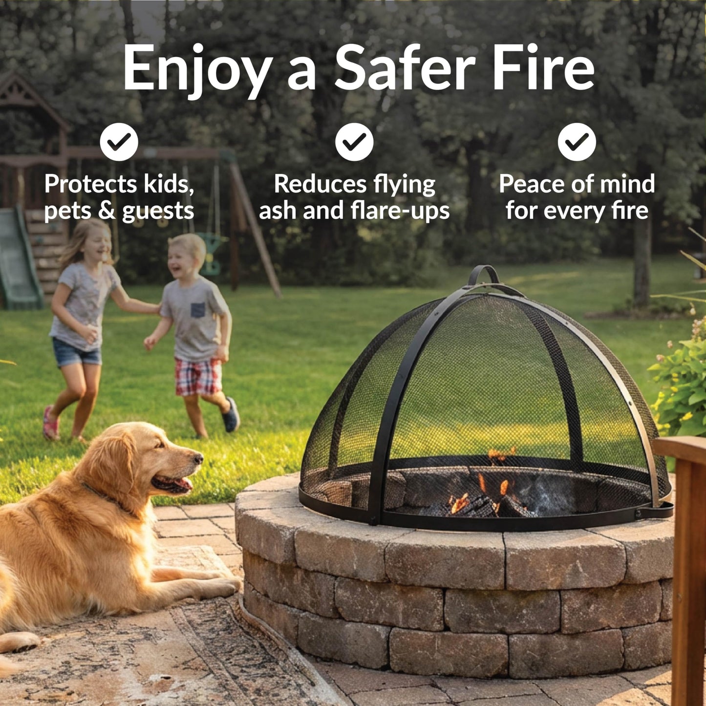 Sunnydaze Round Fire Pit Spark Screen Cover - Easy-Opening Outdoor Fire Pit Screen - Heavy‑Duty Steel Metal Mesh - 24" Diameter