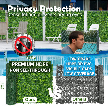 Artificial Boxwood Roll Grass Wall Panels, Greenery Outdoor 40"x120" (33.33 Sqft) UV-Anti Fake Ivy Privacy Fence Screen for Patio, Balcony, Garden, Backyard, and Fence Decor-Includes 5 PCS 79" Vines