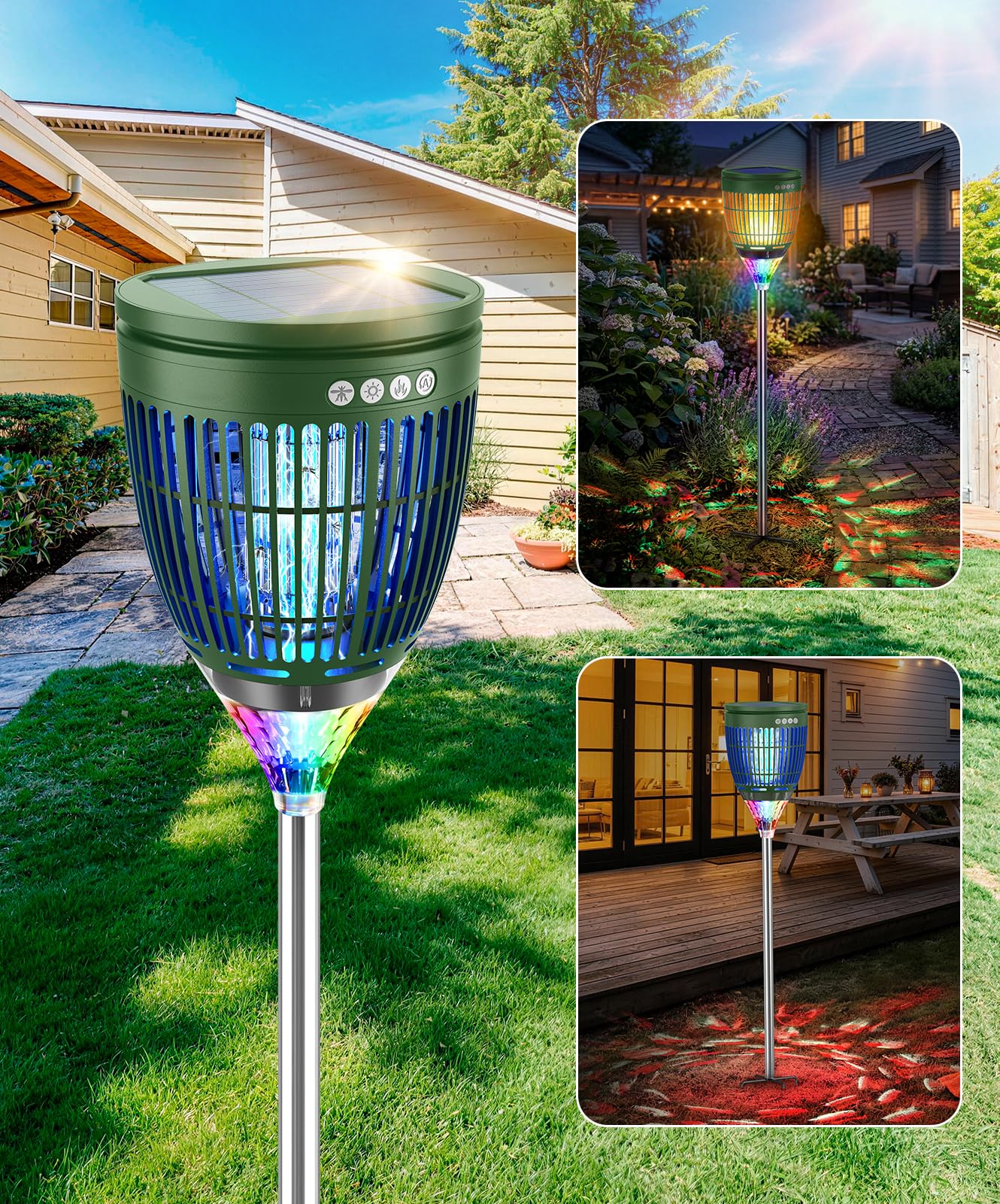 Solar Bug Zapper Outdoor Waterproof with Flame Effect Light, 10 Starry Ambient Light with Breathing Effect Height Adjustable with Ground Stake for Patio, Garden, Yard & Pathway (Green)