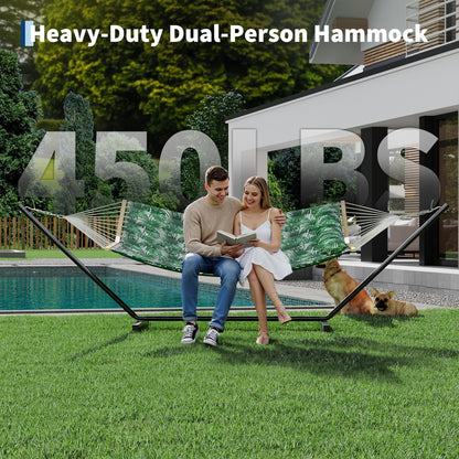 2 Person Double Hammock with Adjustable Steel Stand & Pillow, Heavy Duty Portable Outdoor Hammock Set, MAX 450 LBS Weight Capacity for Patio, Garden, Beach, Backyard
