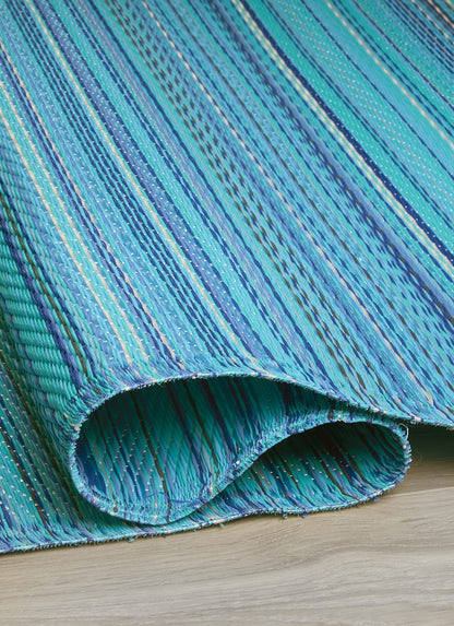 FH Home Outdoor Camping Rug - Waterproof, Fade Resistant, Reversible - Premium Recycled Plastic - Striped - Large Patio, Deck, Sunroom, RV - Havana - Turquoise - 9 x 18 ft Foldable