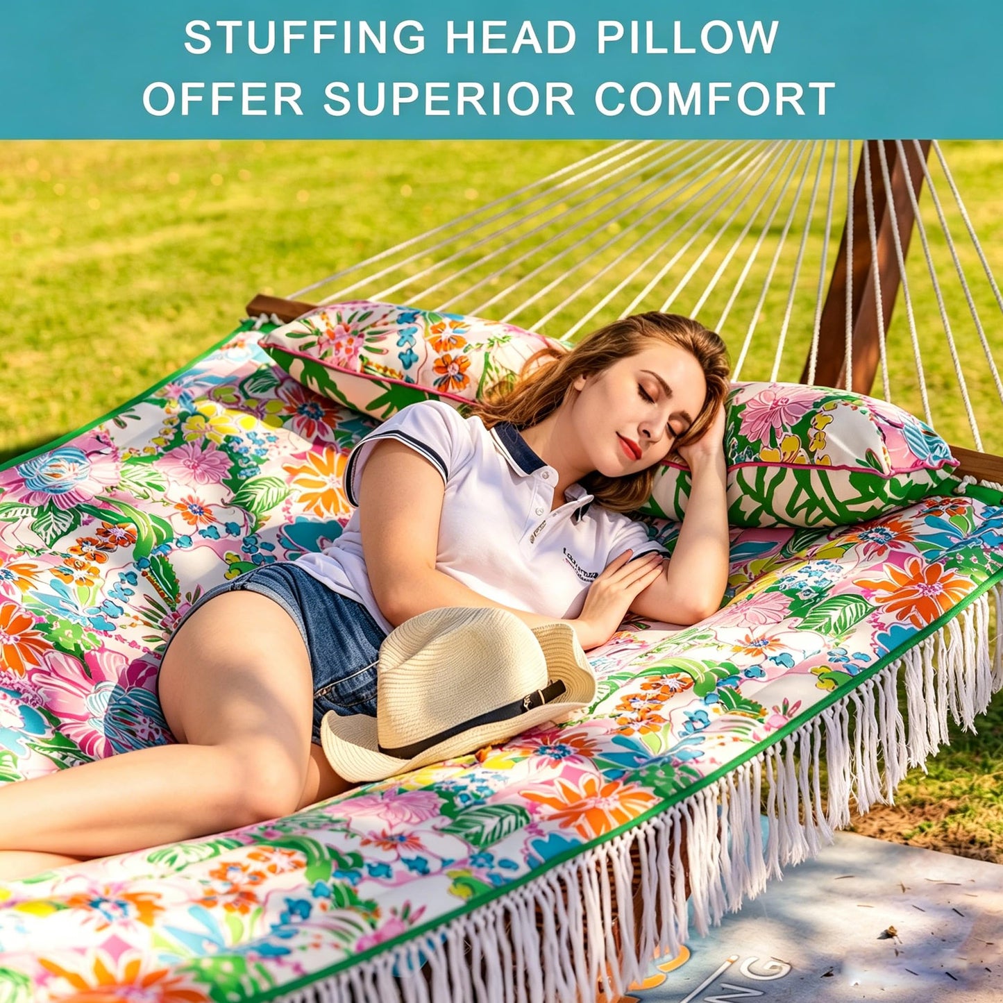 Lazy Daze Hammocks 12 FT Double Quilted Fabric Hammock with Extra Large Soft Pillow and Carrying Bag, 2 Person Outdoor Hammock with Spread Bar and Elegant Tassels, Heavy Duty 450 lbs Capacity, Floral