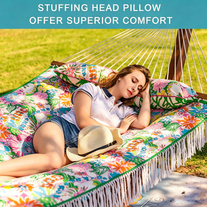 Lazy Daze Hammocks 12 FT Double Quilted Fabric Hammock with Extra Large Soft Pillow and Carrying Bag, 2 Person Outdoor Hammock with Spread Bar and Elegant Tassels, Heavy Duty 450 lbs Capacity, Floral