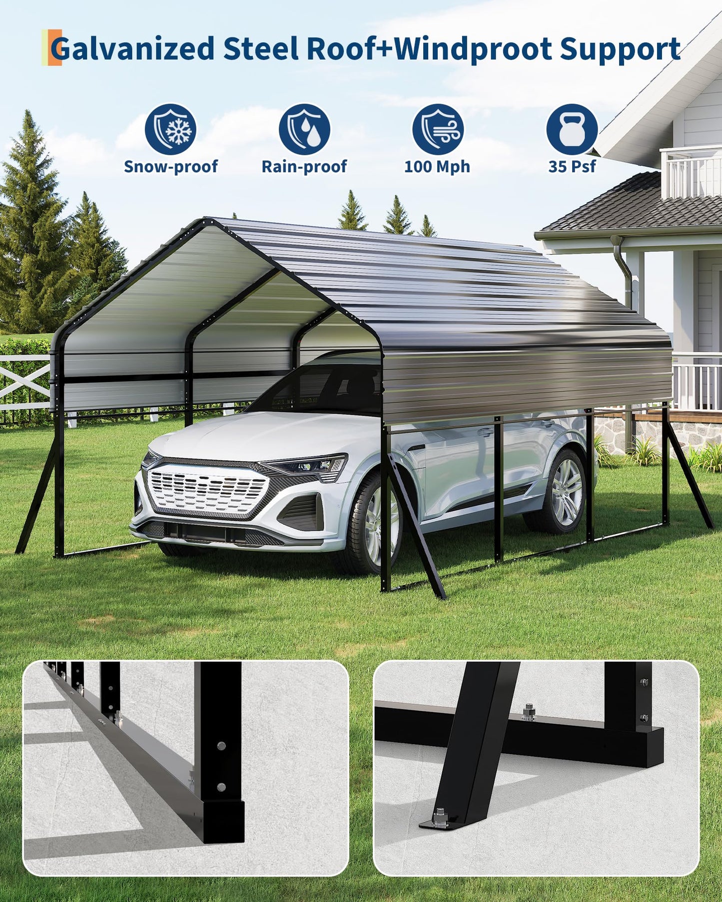 10x15 FT Heavy Duty Metal Carport Kit, Reinforced Frame with Anchors, for Trucks, Boats, RV, Tractor, 100MPH Wind & 35PSF Snow Rating, Easy Assembly