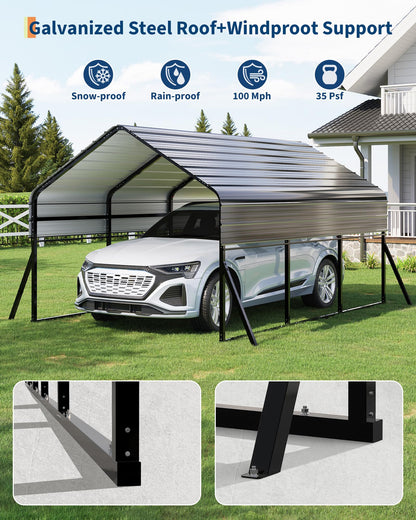 10x15 FT Heavy Duty Metal Carport Kit, Reinforced Frame with Anchors, for Trucks, Boats, RV, Tractor, 100MPH Wind & 35PSF Snow Rating, Easy Assembly