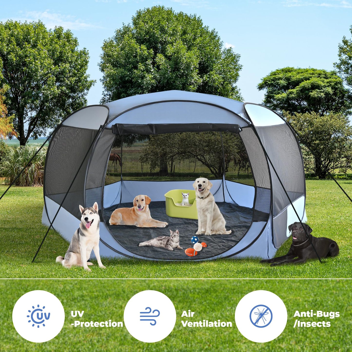 XXLarge Popup Portable Dog Houses, 10'x4.8'H Assembly-Free Gazebo-Style Kennel Dog Playpen Pet Screen Tent Sun Shade Shelter, Dog Crates Canopy for Travel Camping Anti-Bugs with Leakproof Bottom