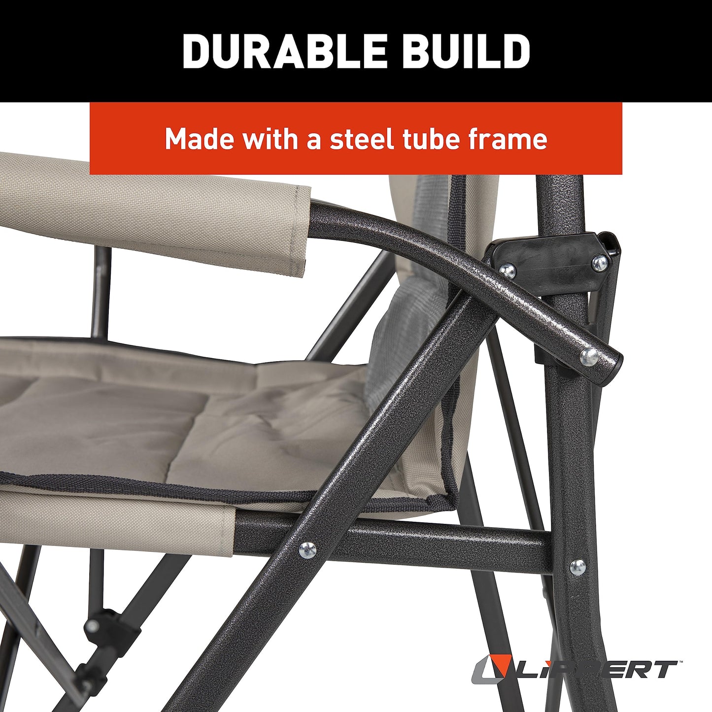 Lippert Components Scout Outdoor Folding Chair for Camping, Foldable, Steel Tube Frame, 600D Polyester, UV and Water Resistant PVC Coating, 500 lb. Weight Capacity, Sand - 2021123277
