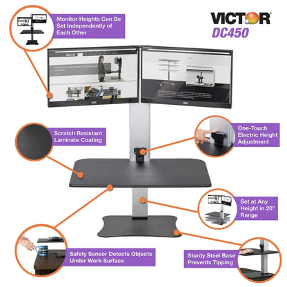 Victor Dual Monitor Electric Standing Desk Workstation, Height Adjustable Sit-Stand Converter with Dual Monitor Support, 28″ x 23″ Work Surface (DC450)