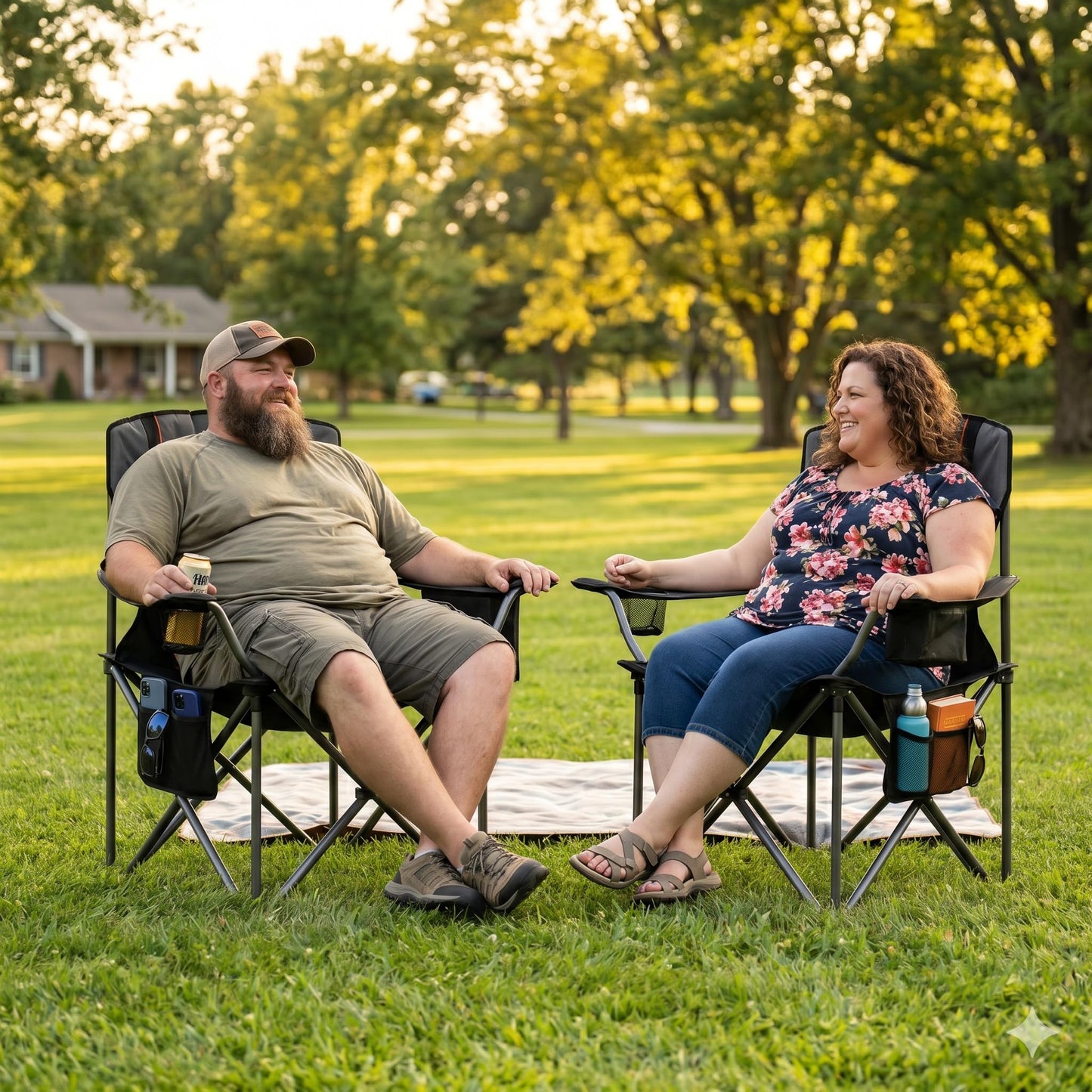 FAIR WIND 2 Pack Fully Padded Oversized Camping Chair Heavy Duty Lawn Chair Set with Adjustable Lumbar Support, Cooler Bag & Cup Holder for Camp, Outdoor,Sports - Support 500LBS