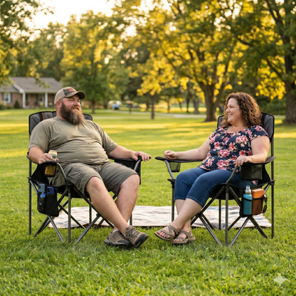 FAIR WIND 2 Pack Fully Padded Oversized Camping Chair Heavy Duty Lawn Chair Set with Adjustable Lumbar Support, Cooler Bag & Cup Holder for Camp, Outdoor,Sports - Support 500LBS