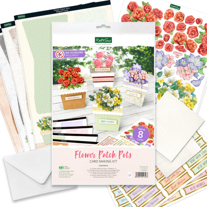 Katy Sue Flower Patch Pots Card Making Kit. 8 Cards, 8 Envelopes, 3 Sheets of Floral Die-Cut Decoupage, Adhesive Pads, & 2 Sheets of Birthday Sentiments Banners for Card Making Supplies