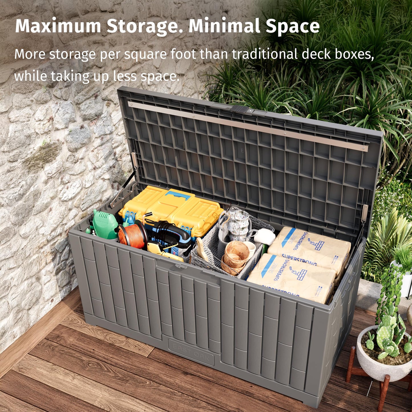 EAST OAK 120 Gallon Outdoor Storage Box | Large Resin Deck Box with Reinforced Stainless Steel Support | Waterproof & UV-Resistant Patio Storage Box for Cushions, Garden Tools & Pool Accessories, Grey