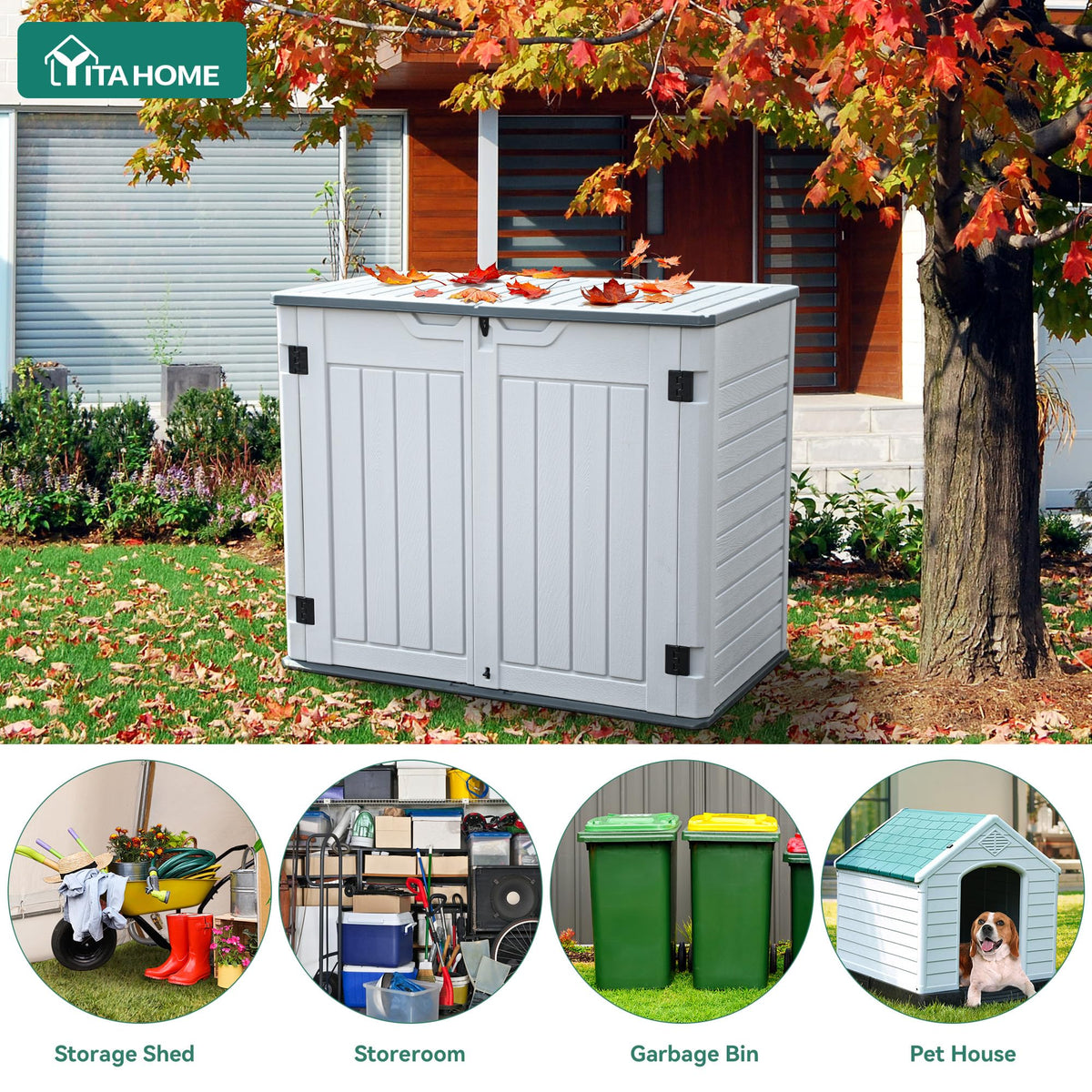 YITAHOME Outdoor Horizontal Storage Sheds w/o Shelf, 35 Cu Ft Lockable Resin Waterproof Shed, Ideal for Garden Tools, Easy to Assemble, Light Gray