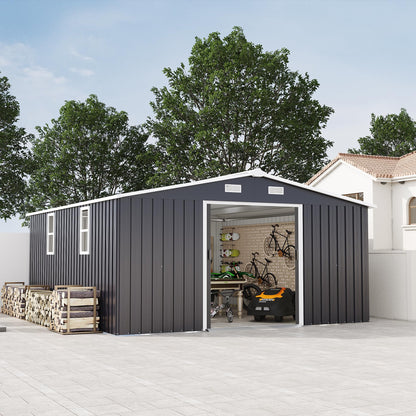 KEIKI 10' x 12' Metal Garden Storage Shed with Foundation Kit, Double Door Outdoor Tool Shed with 2 Windows, Color Steel Construction, Dark Gray