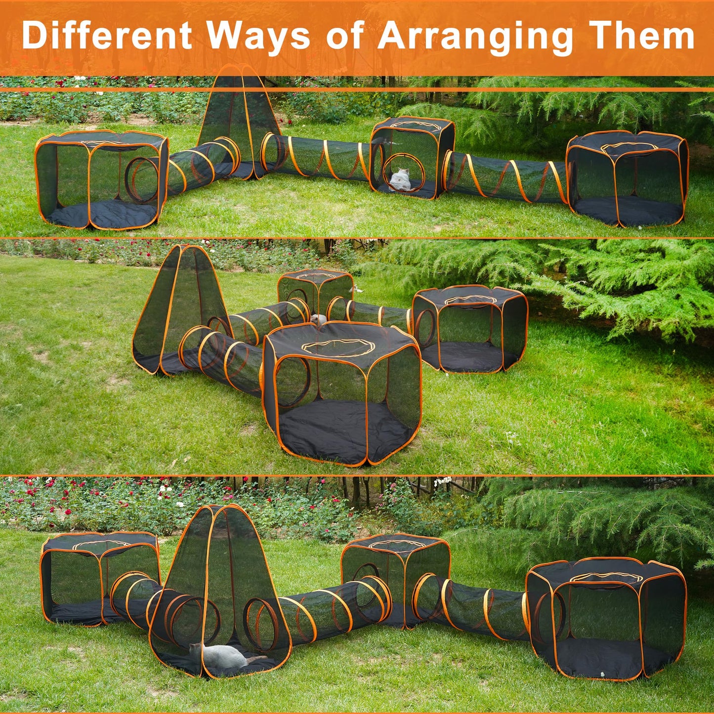7 in 1 Outdoor Cat Enclosure, Foldable Pop-Up Mesh Playpen Tunnel for Pet Run, Foldable Outside Enclosed Tent Cage for Small Dogs, Rabbit and Other Animals