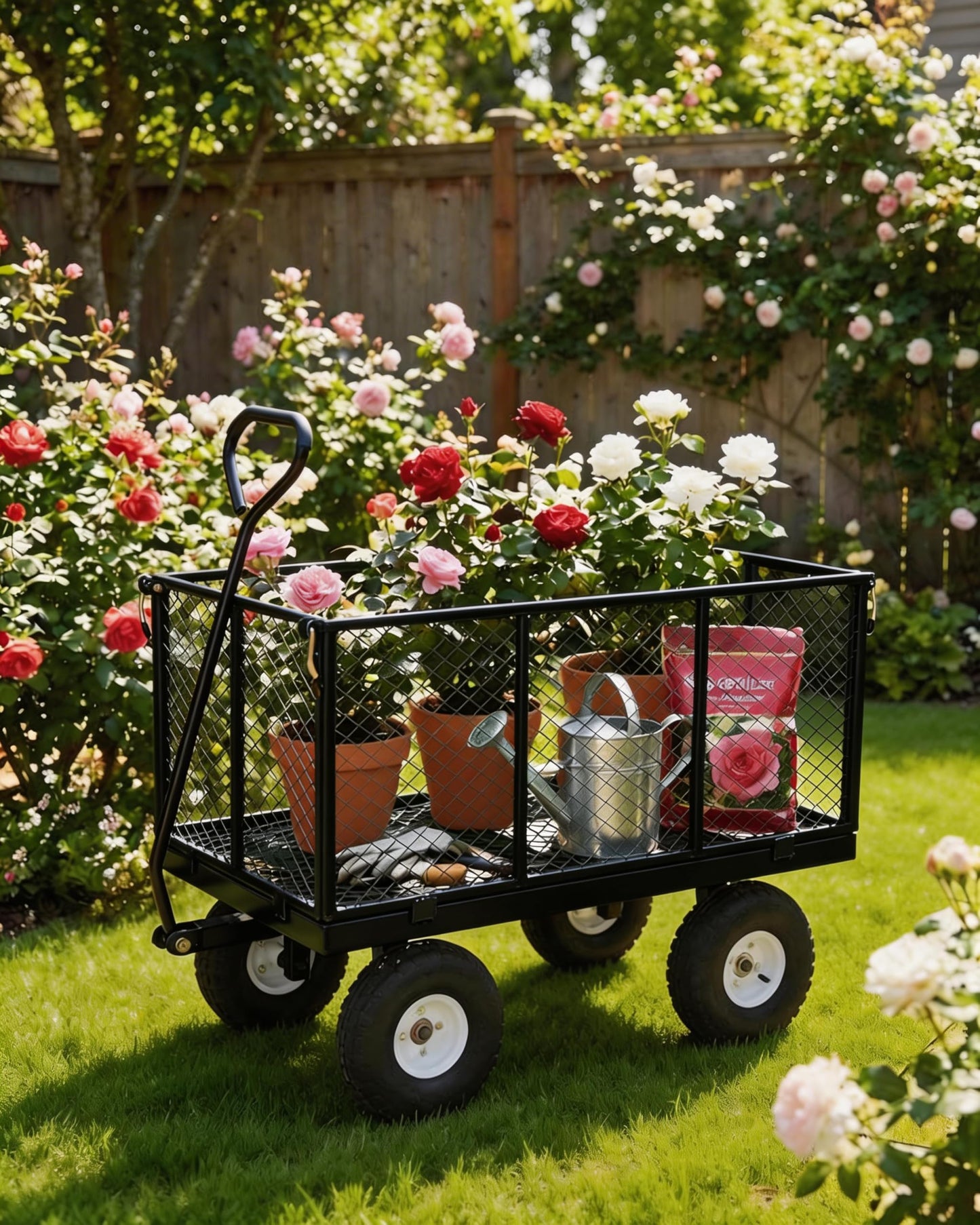 GarveeTech 1000LBS Heavy Duty Steel Garden Cart, Garden Wagon Cart on Wheels, Metal Yard Utility Wagon with Removable Mesh Sides, 13" All Terrain Tires, 180° Rotating Handle for Lawn, Garden, Farm