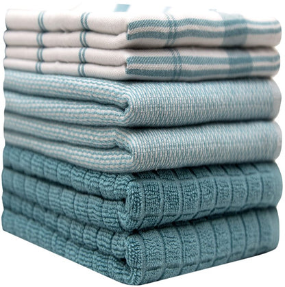 Premium Kitchen Towels (20”x 28”, 6 Pack) | Large Cotton Dish Towels | Flat & Terry Highly Absorbent Kitchen Linen Set with Hanging Loop | Teal Check