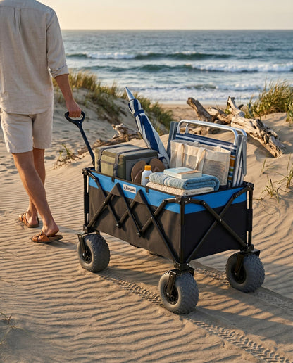 Beach Wagon with Heavy-Duty 10" Air Tires - All Terrain Folding Card with Big Wheels for Sand and Gravel - 300 LB. Capacity (Black/Light Blue)