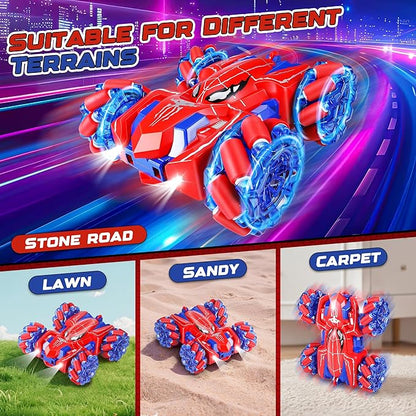 Spider RC Cars for 4 5 6 7 8 Year Old Boys - 2.4Ghz Rechargeable Double Sided Remote Control Stunt Car 360°Rotating 4WD Off-Road RC Drift Car with Light Birthday Xmas Gifts for Kids Age 4-6 5-7 8-12