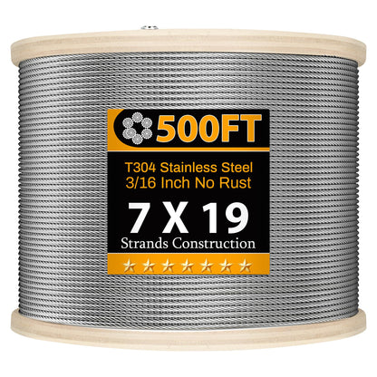 Thickened 3/16" Stainless Steel Cable, 500FT Wire Rope,7X19 Strands Aircraft Cable, 4000lbs Breaking Strength for Pulling, Lifting, Deck Cable Railing System, Zip Line, Line Lights and DIY Balustrade