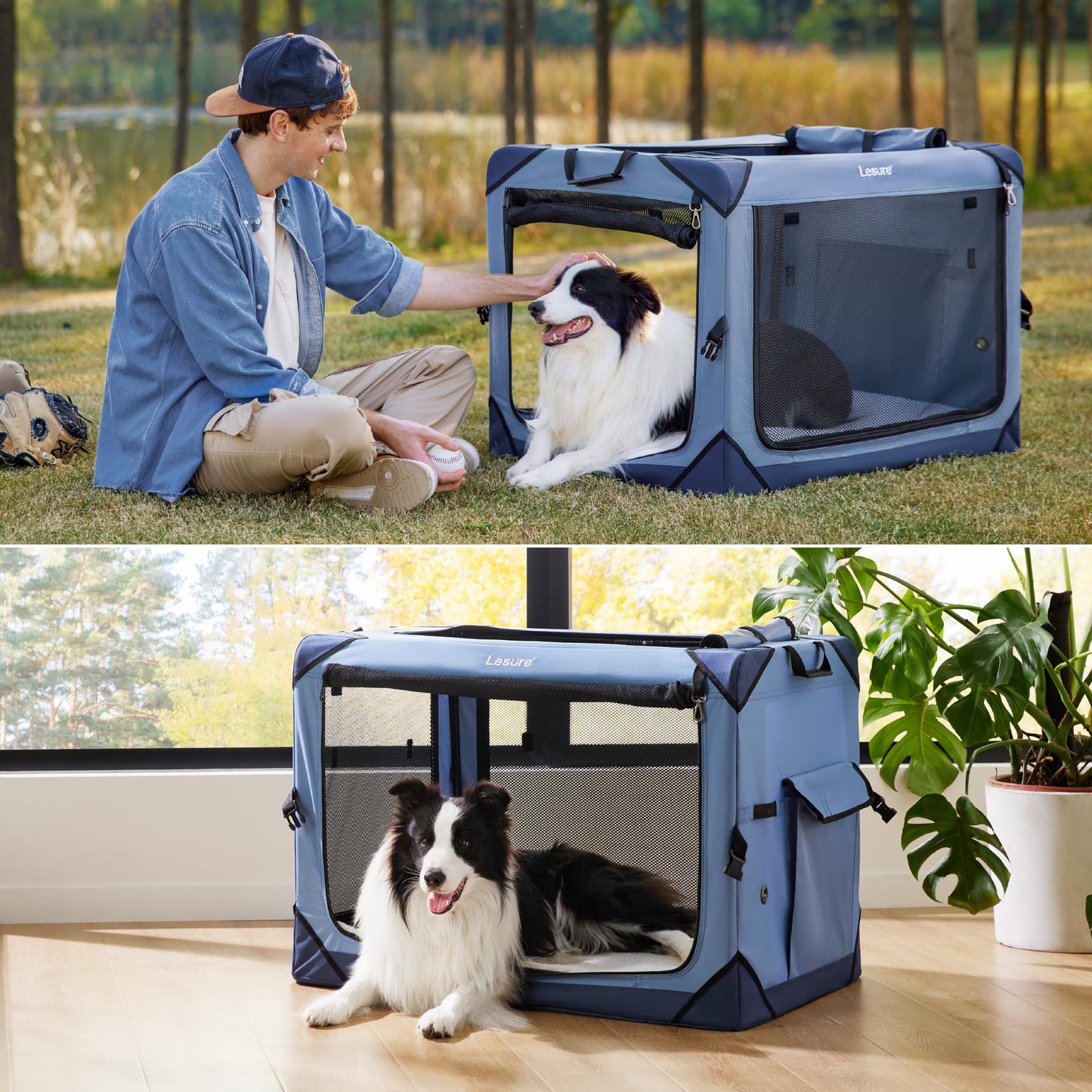 Lesure Collapsible Dog Crate - Portable Travel Kennel for Extra Large Dog, 4-Door Pet Crate with Mesh Windows, Indoor & Outdoor, Blue