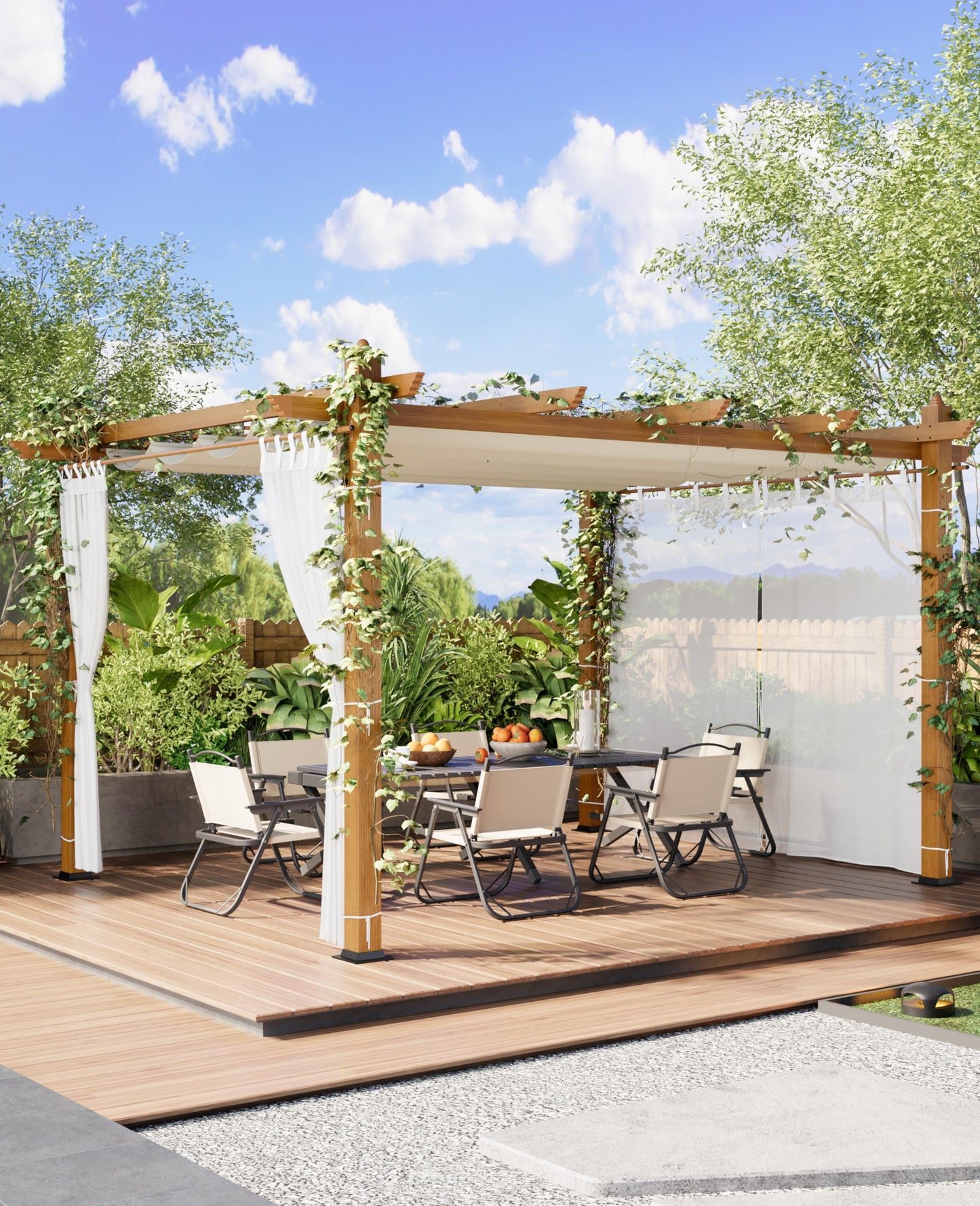 Garvee 10x13 ft Outdoor Retractable Pergola with Canopy and Side Mesh Screen, Upgraded Wood-Grain Post Aluminum Pergola, Modern Pavilion for Backyard, Patio, Porch, Grape Trellis, Beige+White