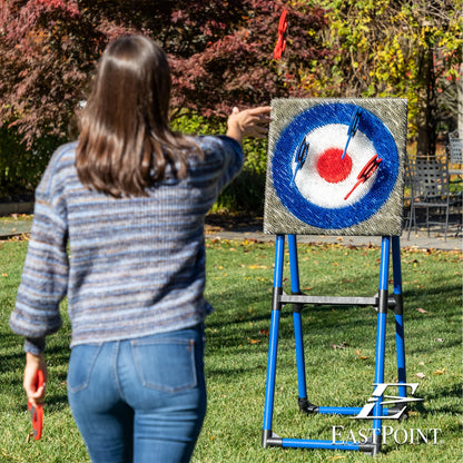 EastPoint Axe Throwing Game Set - 8 Foam & Plastic Throwing Axes - Heavy Duty Steel Frame - Over 5 Ft Tall - Folds Flat for Portable Outdoor Games - Unique Bristle Target for Yard Games