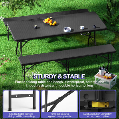 VSOAEIL 6 Foot Folding Picnic Table Set with 2 Benches, Camping Table Chair Set, HDPE Rattan Pattern Top, 3-Piece Portable Indoor Outdoor Furniture with Safety Locks & Handle for Party Camping, Black