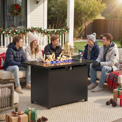 FansaFurn 43'' Propane Fire Pit Table, 50000 BTU Gas Fire Pits Table with Removable Lid and Lava Rock, Rectangular Fire Table with Cover, Ideal for Dining or Party on Patio, Garden, Yard, Black