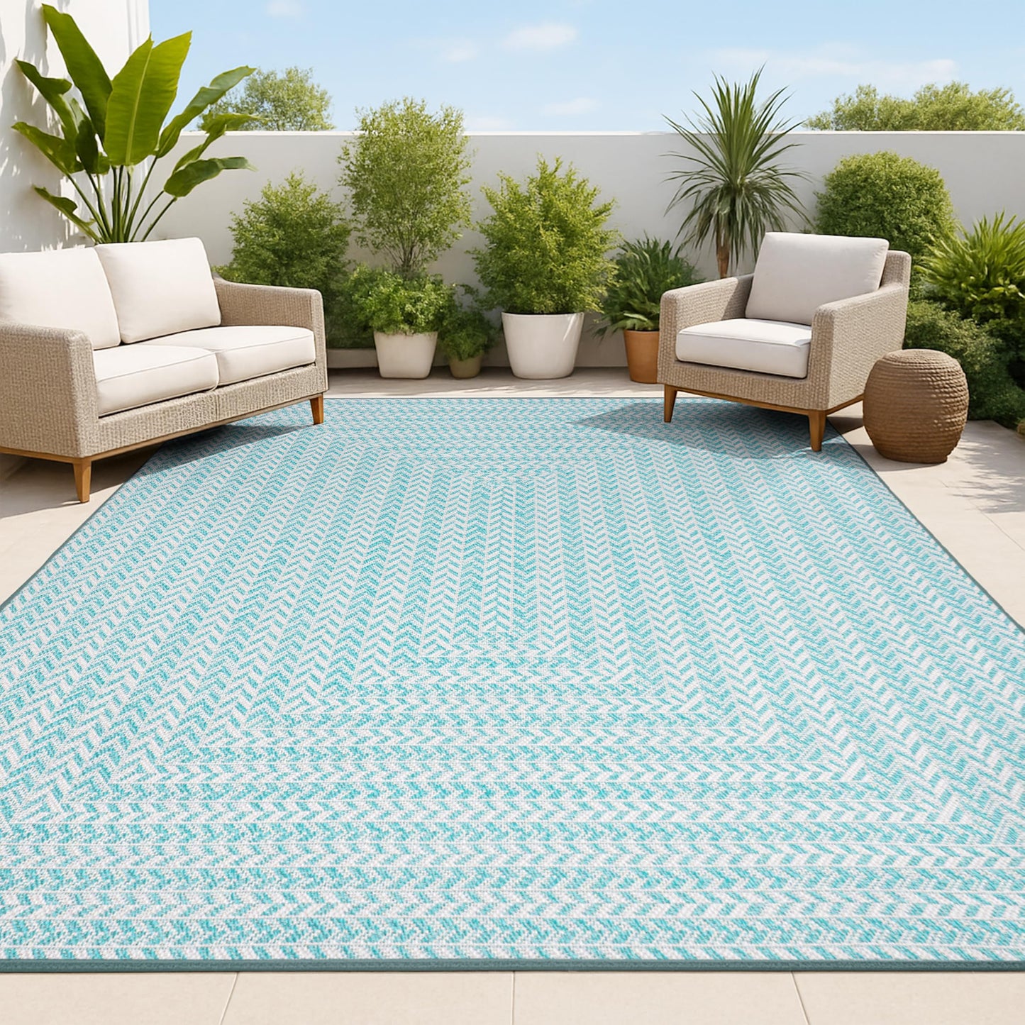 JONATHAN Y Concentric Squares Indoor Outdoor Area Rug 8X10 Aqua/Light Gray, Chevron Modern for Backyard, Patio, Porch, Easy-Cleaning, High Traffic, Pet-Friendly, Non-Shedding (SMB206A-8)