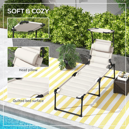 Outsunny 2 Pieces Outdoor Lounge Chair, Adjustable Backrest Folding Chaise Lounge, Cushioned Tanning Chair with Sunshade Roof & Pillow Headrest for Beach, Camping, Hiking, Cream White