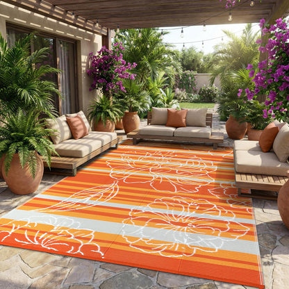 Garvee 10x14 Outdoor Waterproof Rug, Floral Outdoor Area Rug，Reversible Plastic Straw Patio Rug, Portable Camping Mat for RV, Picnic, Beach, Balcony, Garden & Camping Orange