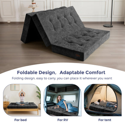 MAXYOYO 6" Folding Sofa Bed for Floor, Tufted Tri-Fold Floor Couch Bed with Chenille Fabric, Twin Size Portable Sofa Couch Guest Mat for Adults, Foldable Topper for Camping, Dark Grey, 35.4"x75"